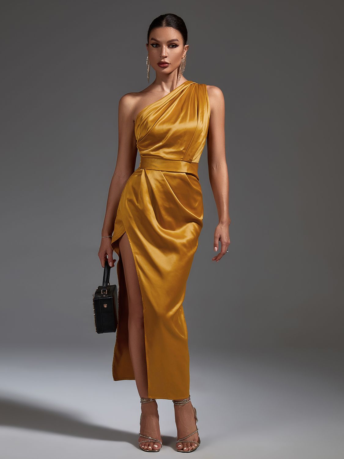 Golden Draped Midi Dress | Zalia Atelier | Chic Style Fashion