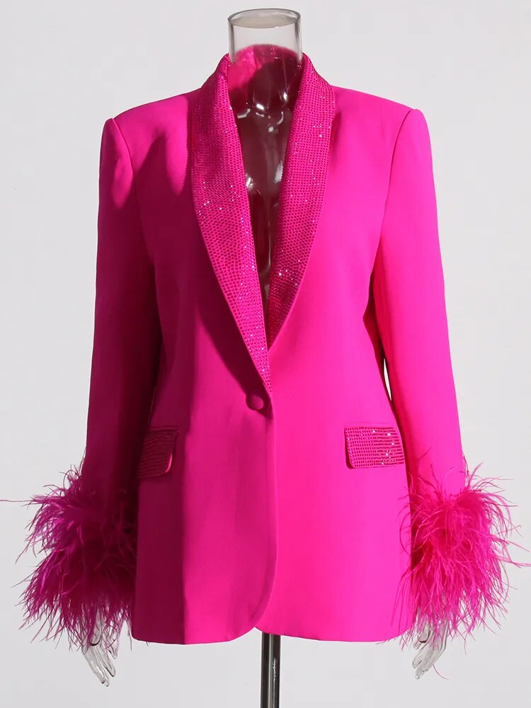 Bright Pink Blazer Sequins Lapel Feather Cuffs Trim