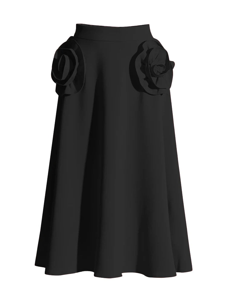 Zalia Atelier | Black Midi Skirt with Flower Appliques