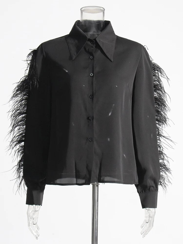 Black long sleeve blouse with feather trims