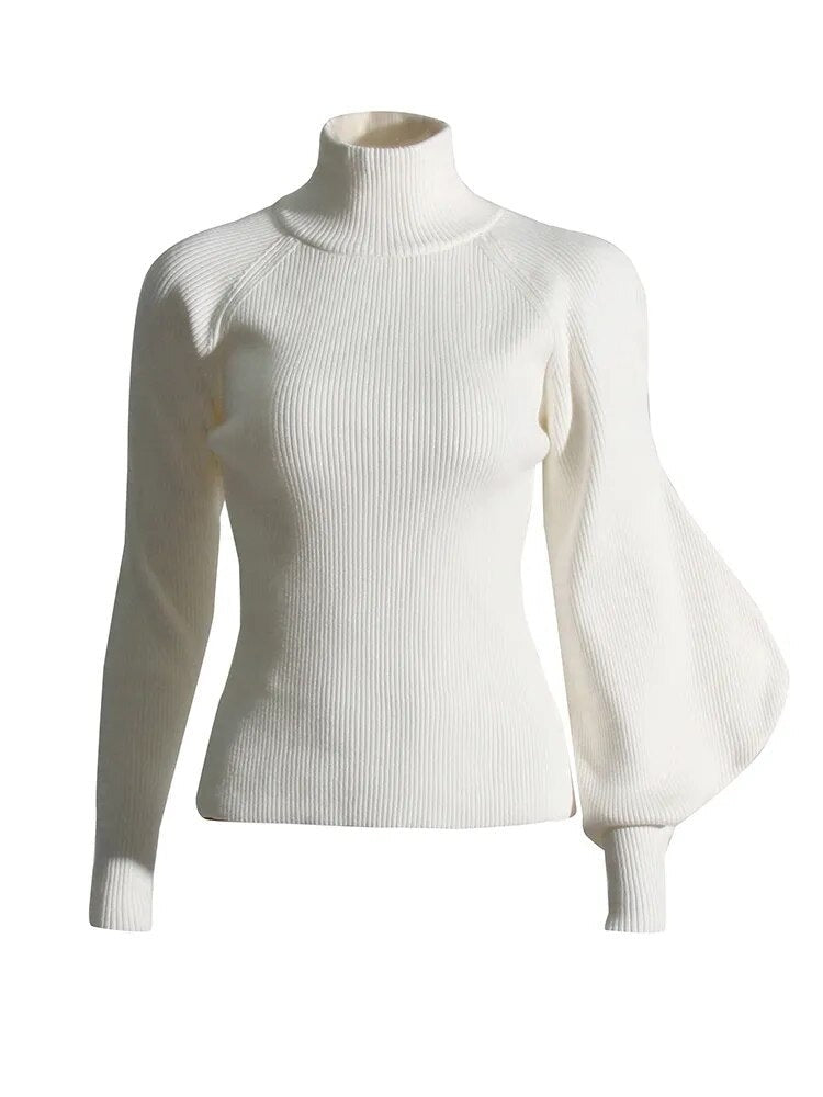 White turtleneck sweater with one lantern sleeve | Zalia Atelier