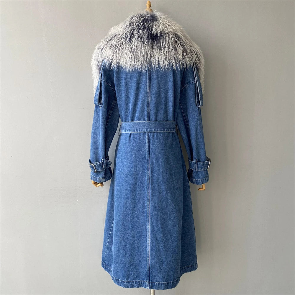 Denim and Fur Trench Coat