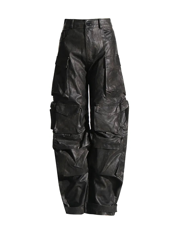 Dark Gray PU Leather Cargo Pants