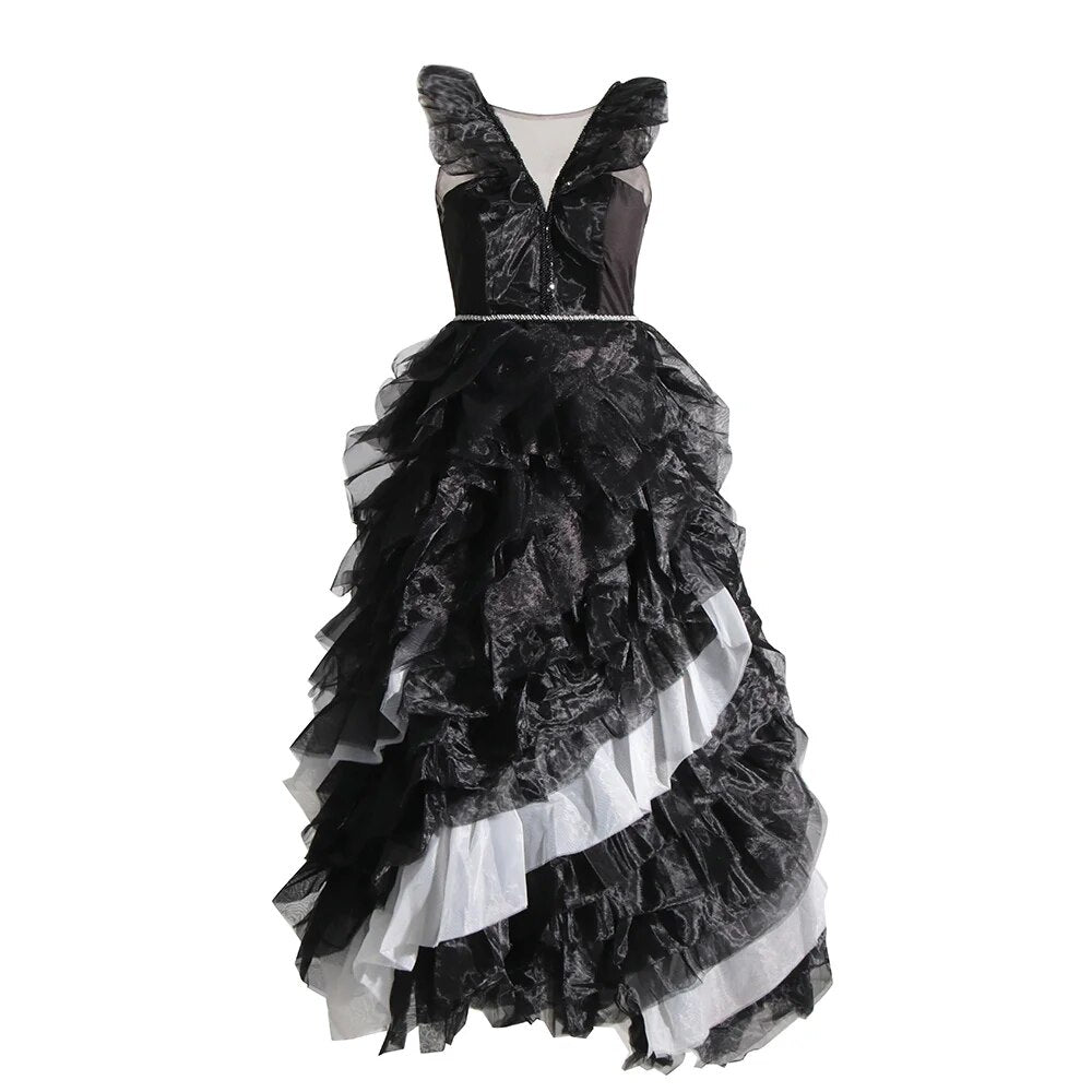 Black and White Mesh Party Gown with Tiered Ruffles | Cocktail Gown