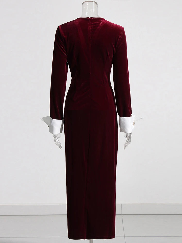 Zalia Atelier | Burgundy velvet dress with white cuffs and rhinestone buttons