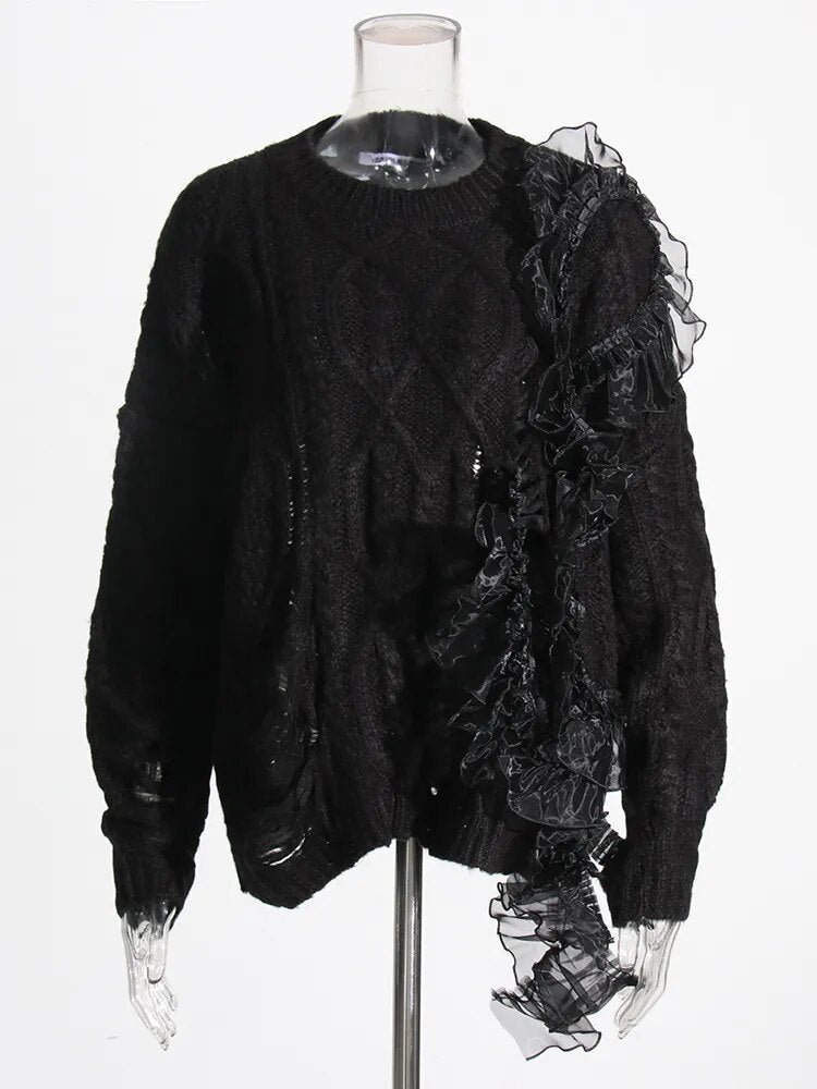 Black Sweater with ruffles and distressed detail