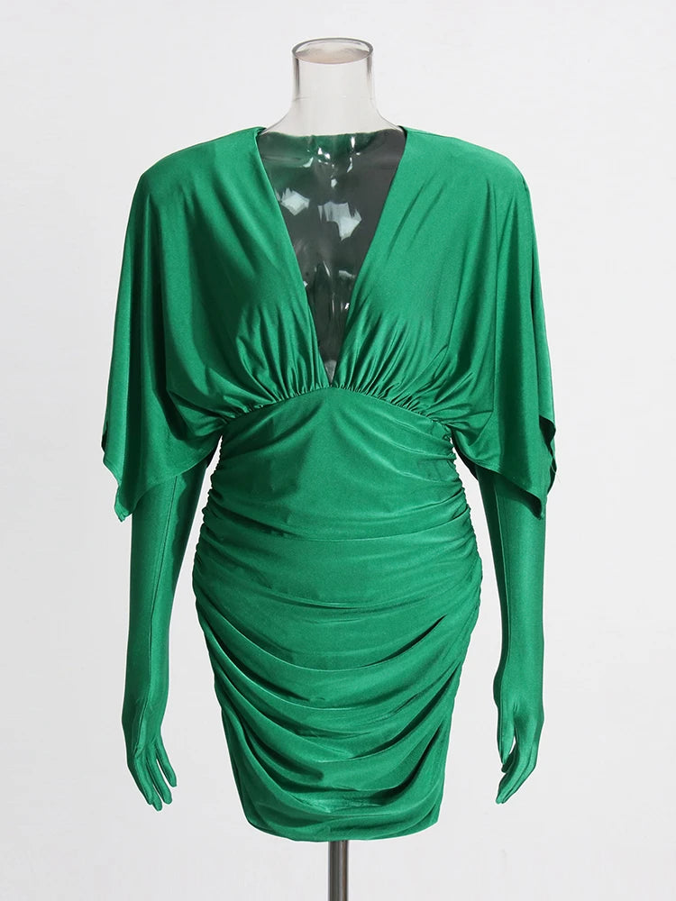 Zalia Atelier | Green Mini Dress with ruching and gloves