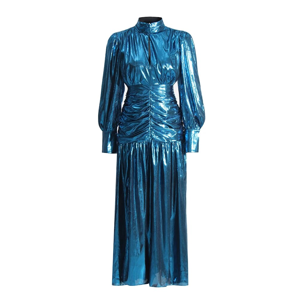 Blue metallic dress turtle neck long sleeves