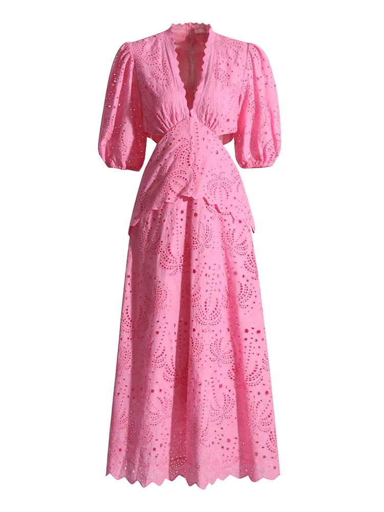 Pink Midi Dress Puff Sleeves Embroidered