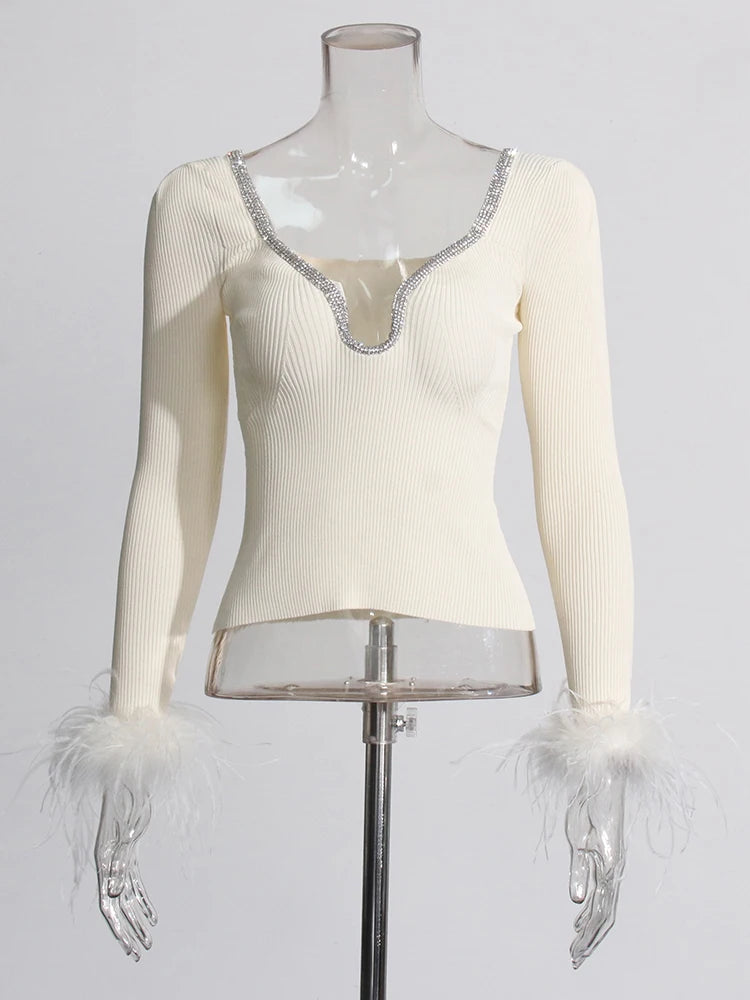 White Long Sleeve Knit Top Feather Cuffs