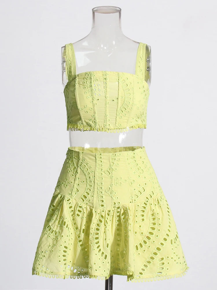 Green Embroidered Top and Mini Skirt | Broderie Anglaise | Charo Ruiz Dupe