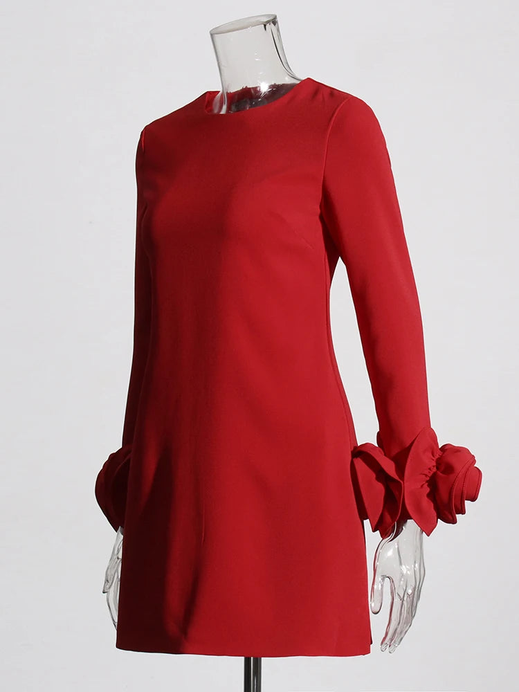 Zalia Atelier | Red Shift Dress with Long Sleeves and flower appliques on cuffs