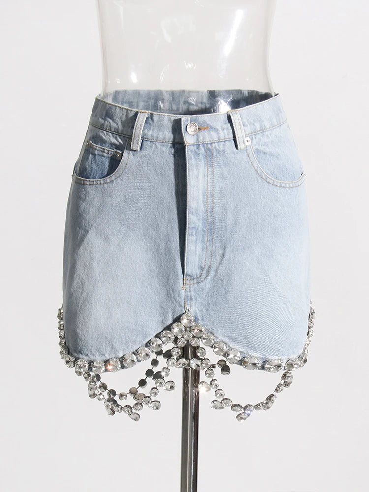 denim mini skirt with big rhinestone hem