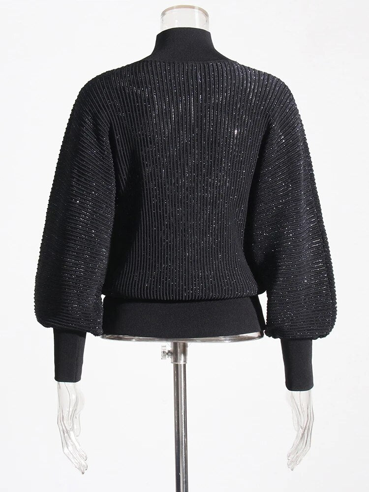 Black Turtleneck Sweater Sparkly Puff Sleeves