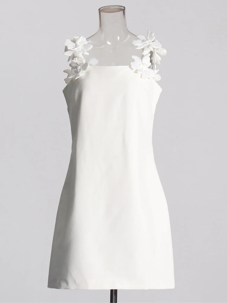 Zalia Atelier | Floral Applique Straps Mini Dress | Chic White Shift Dress