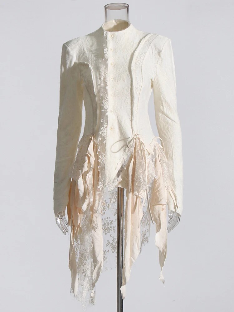 Beige Lace Tunic with ruffles and asymmetrical hem