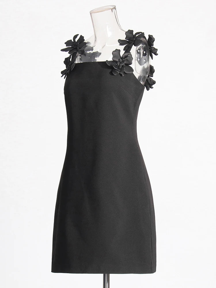 Zalia Atelier | Floral Applique Straps Black  Mini Dress | Chic Shift Dress