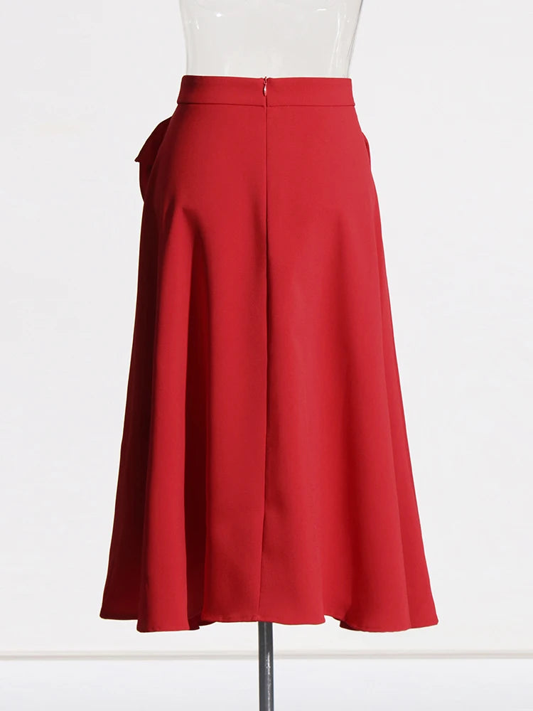 Zalia Atelier | Red Midi Skirt with Flower Appliques