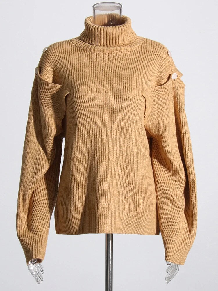 Khaki Turtle neck sweater sleeve cutouts