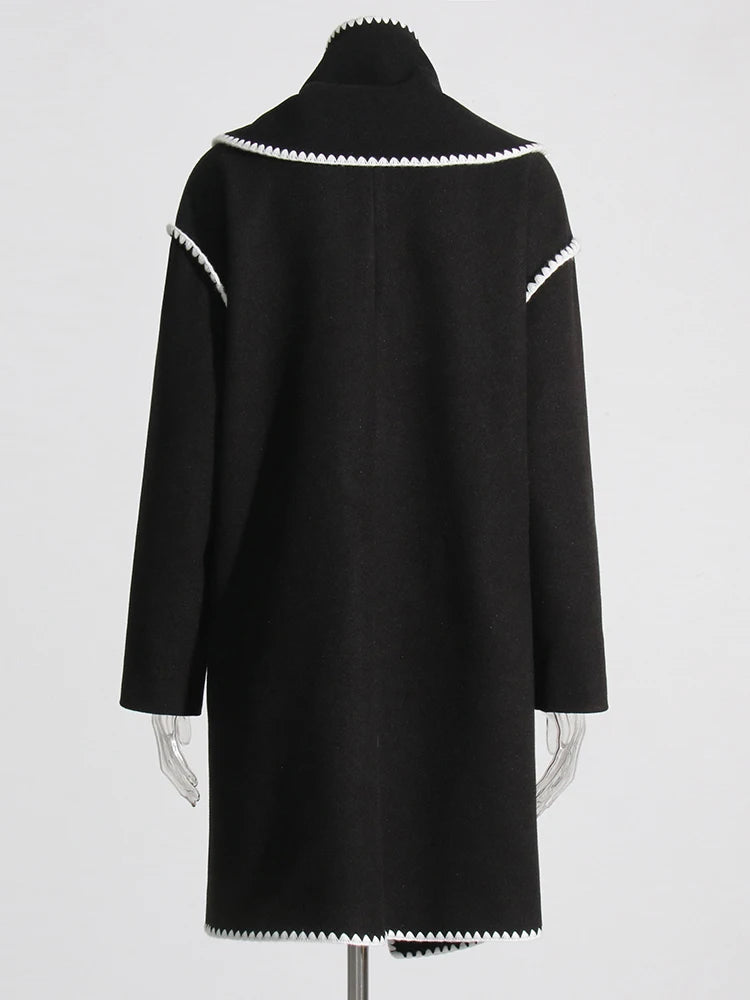 Zalia Atelier | Black Coat with scarf collar and knit trims