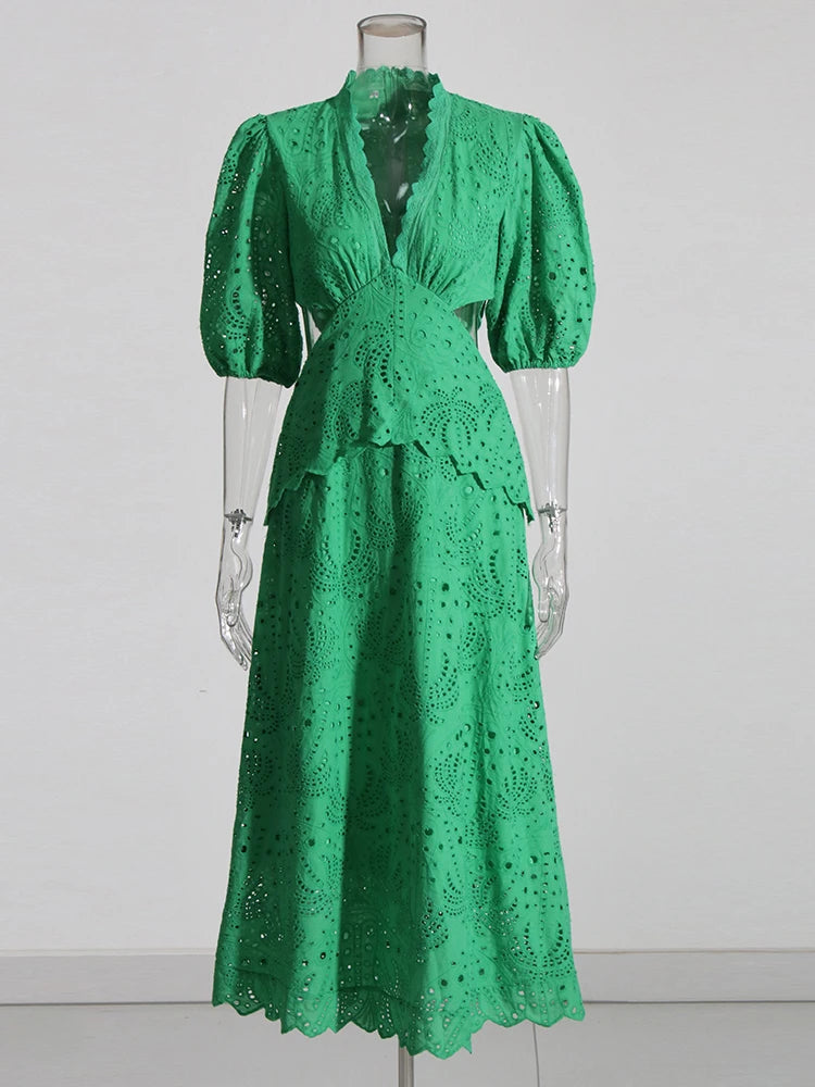 Green Midi Dress Puff Sleeves Embroidered 