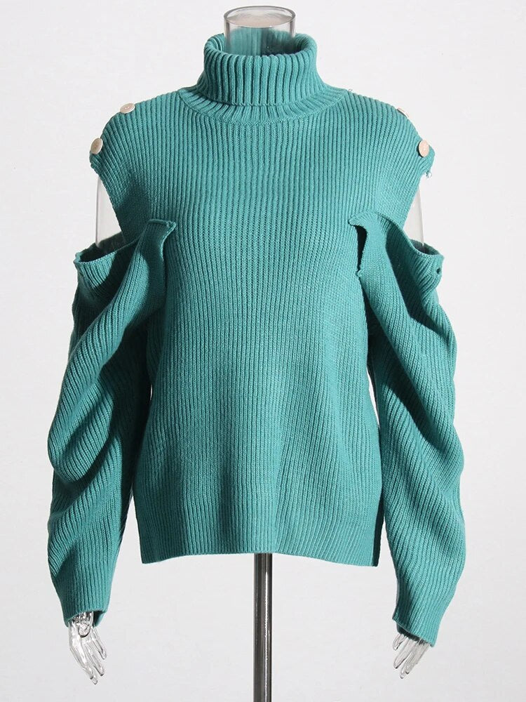 Green Turtle neck sweater sleeve cutouts