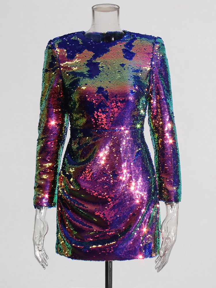 Zalia Atelier | Iridescent Sequins Mini Dress Long Sleeves