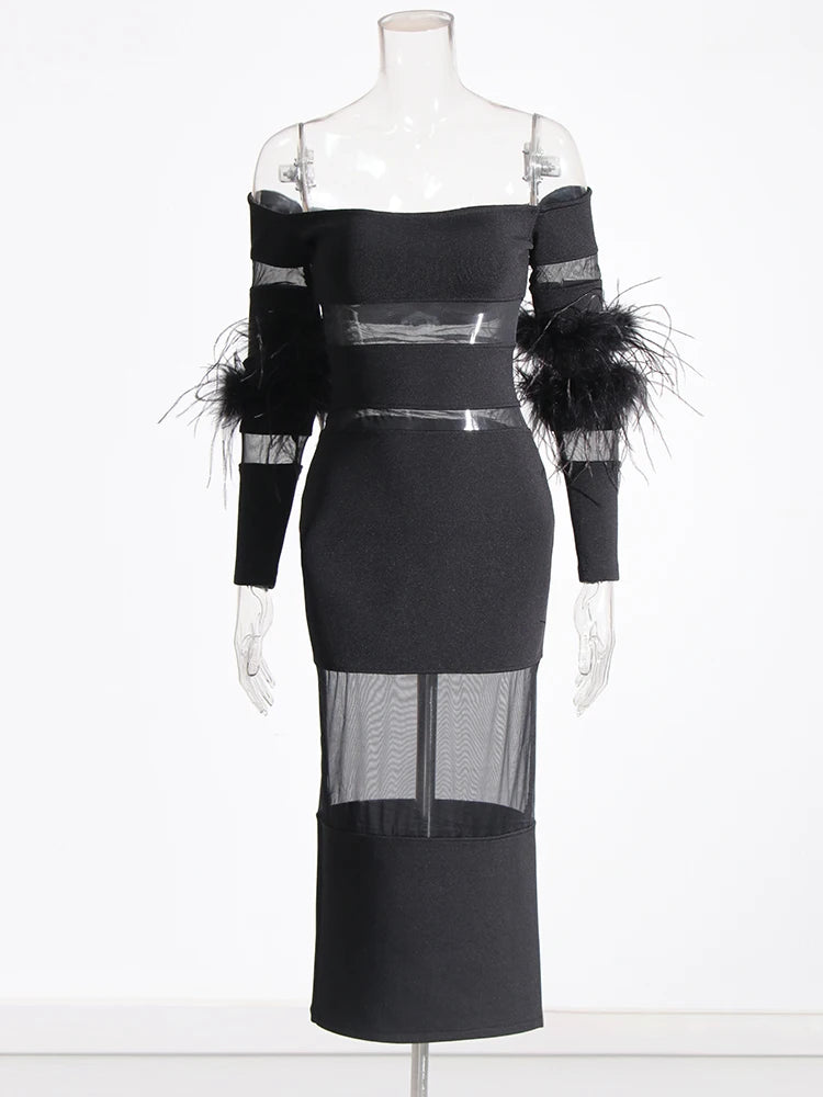 Zalia Atelier | Black Midi Dress Strapless Long Sleeves With Feathers