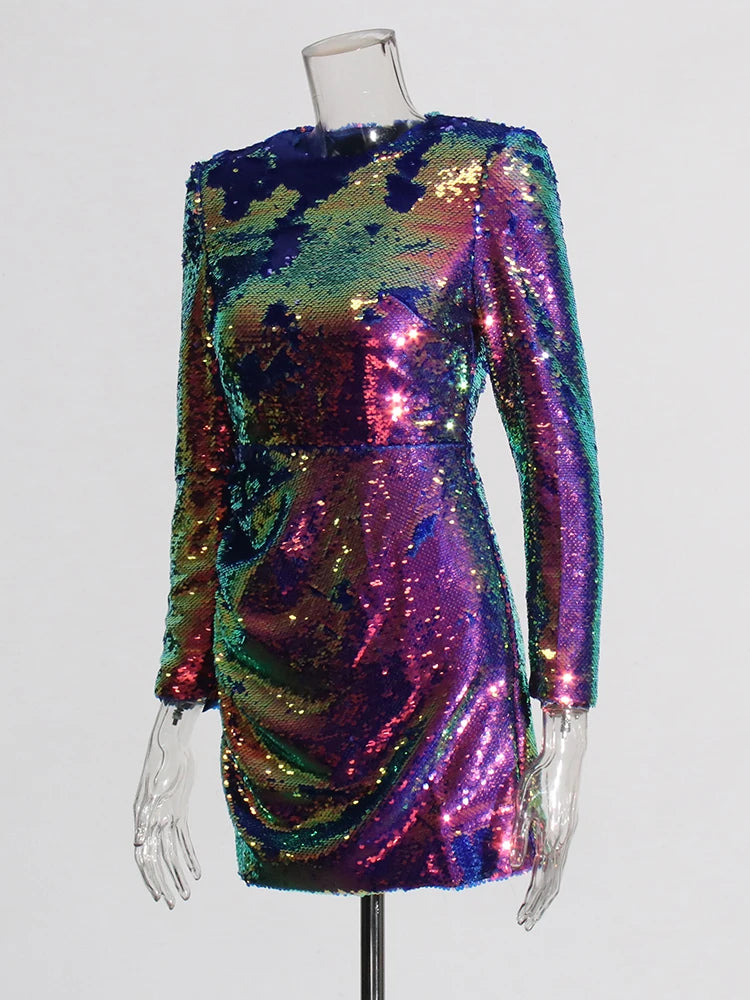 Zalia Atelier | Iridescent Sequins Mini Dress Long Sleeves