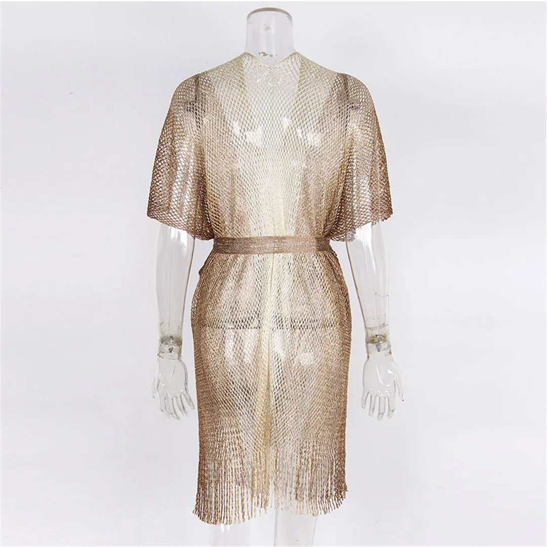 Zalia Atelier | Golden Tassels Beach Cover Up with Belt | Resort Wear