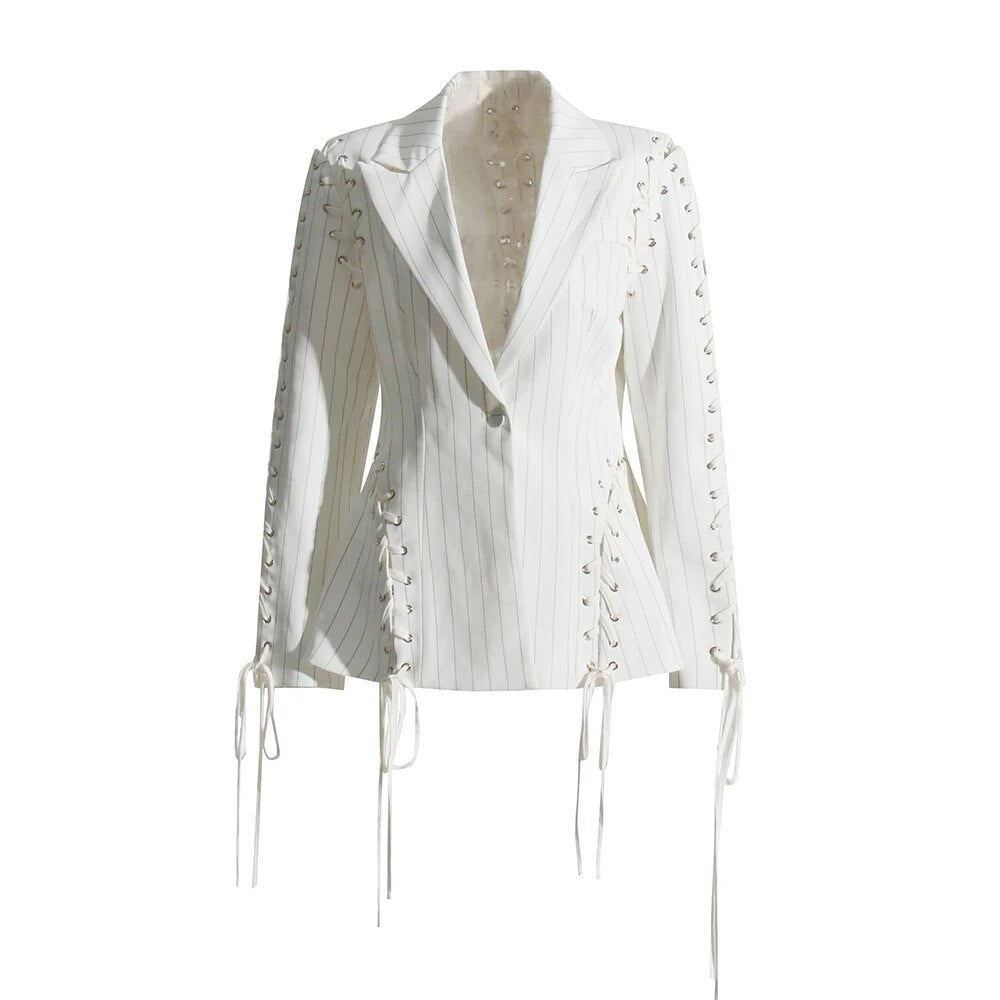 White striped blazer single breasted lace up detail