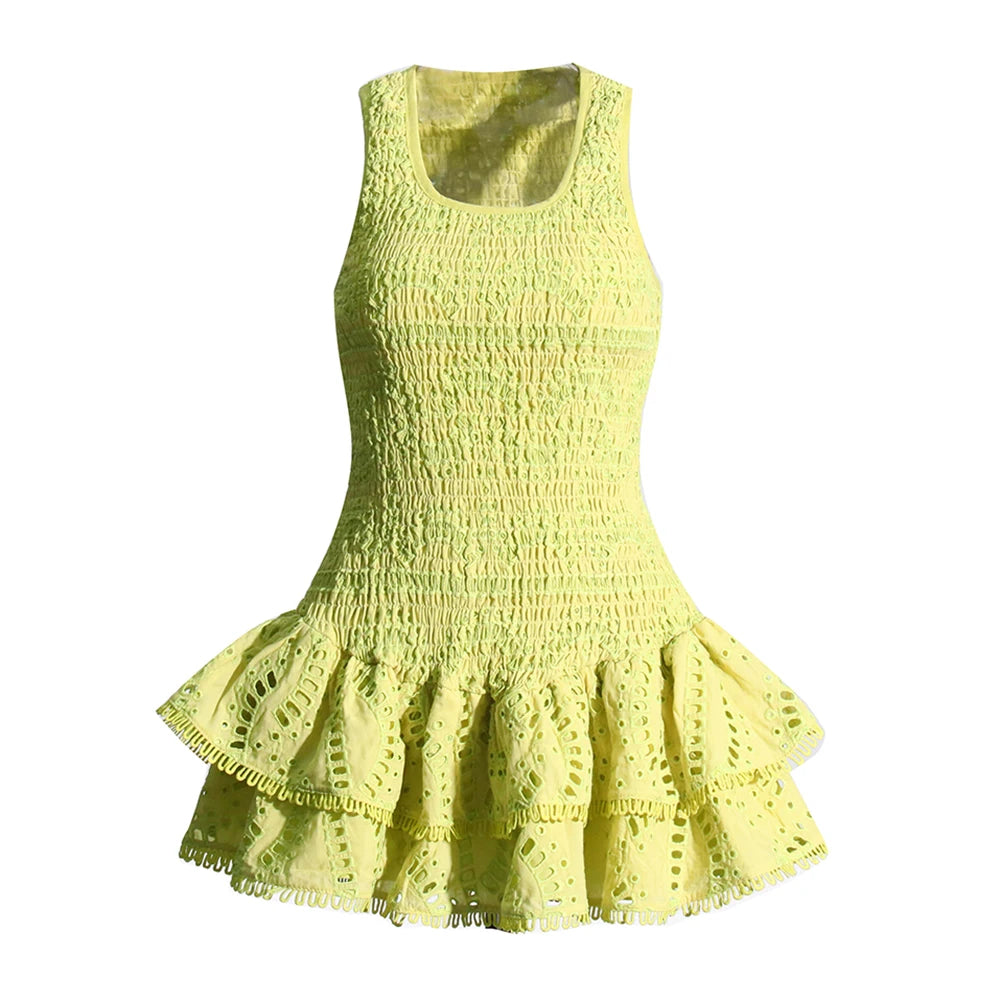 Zalia Atelier | Green Sleeveless Mini Dress with embroidery and ruffle skirt detail Charo Ruiz Dupe