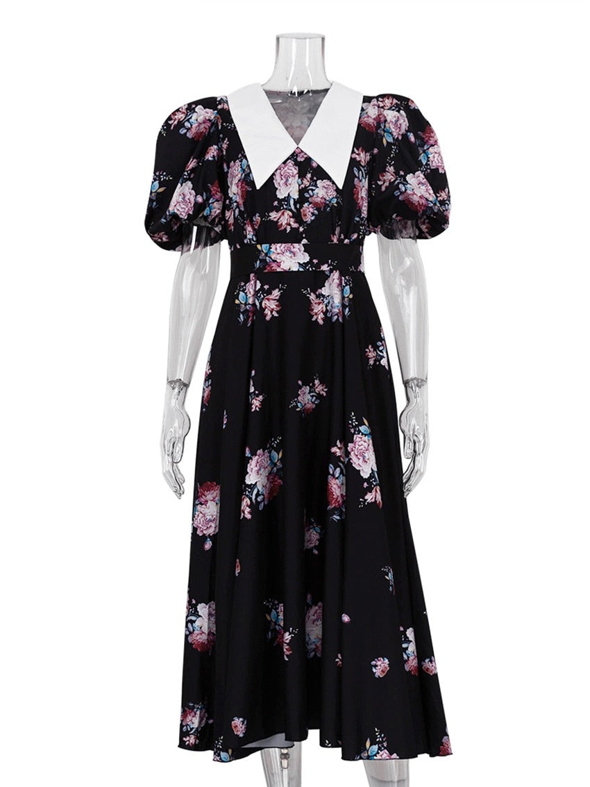 Black Floral Dress Wit Puff Sleeves and Doll Collar