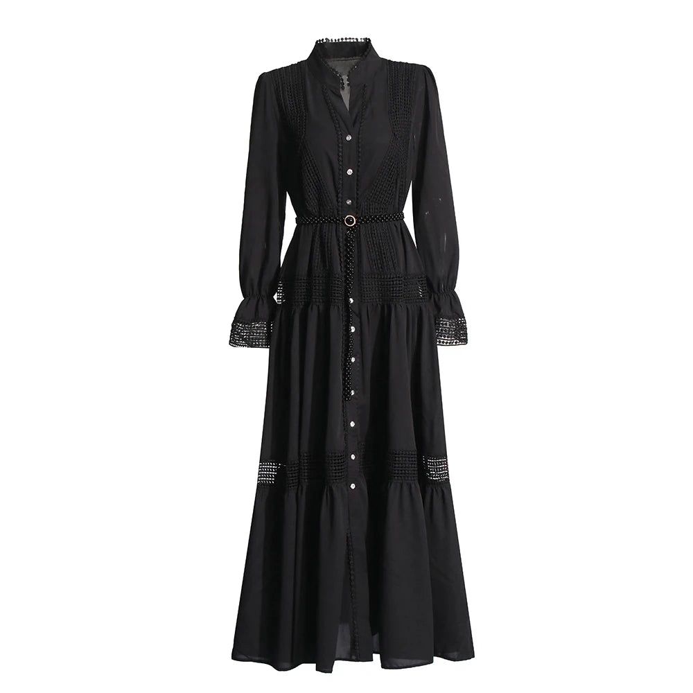 Zalia Atelier | Black Maxi Dress Long Sleeve Buttons Sash Belt Lace Panel Vacation Dress