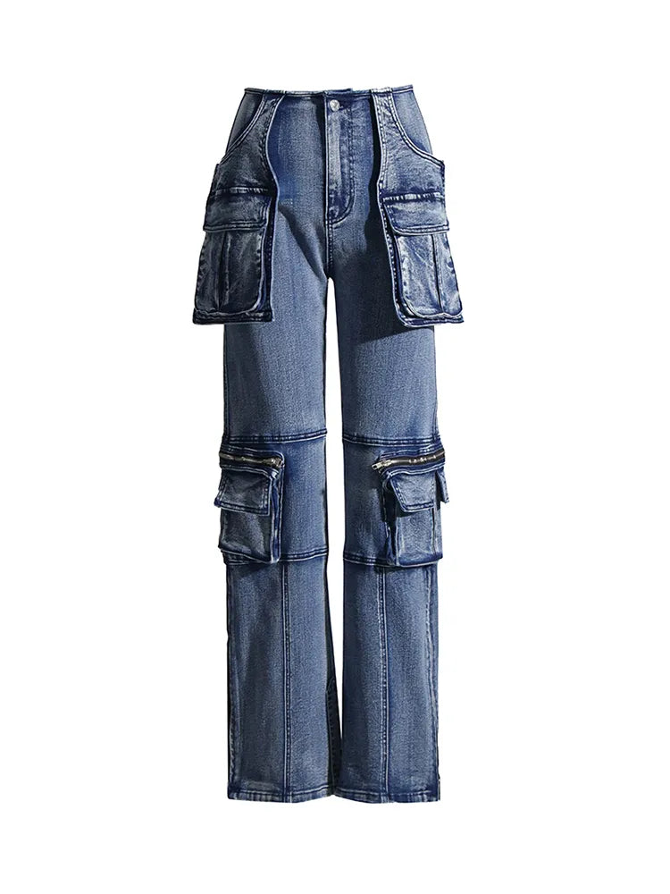 Modern denim pants with pockets and zippers