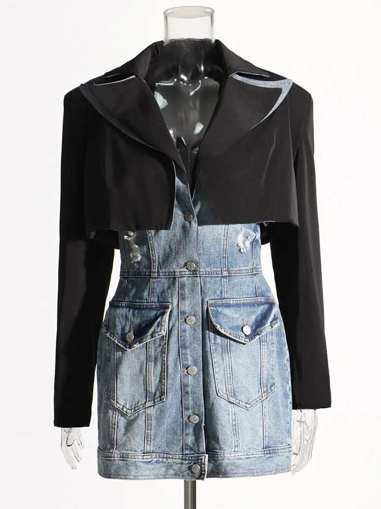 Set Of Denim Sleeveless Mini Dress With Black Crop Blazer