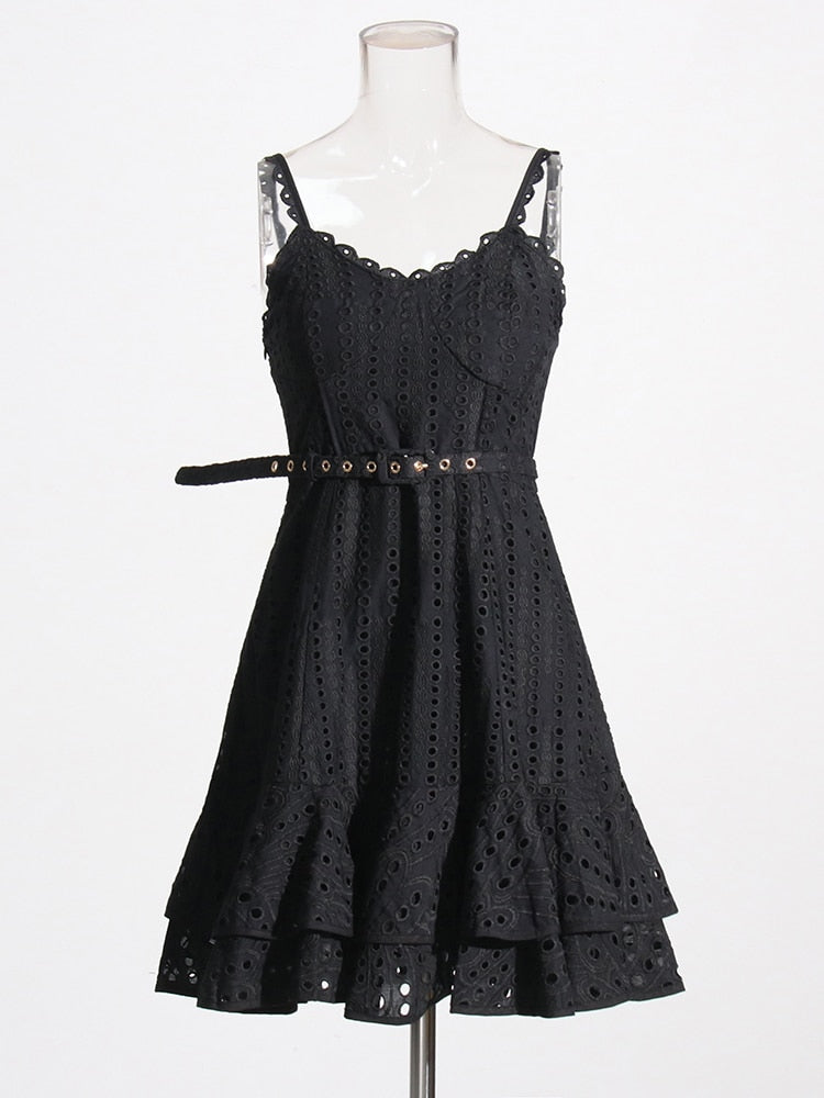 Black Belted Embroidered Mini Dress | Ruffles | High Waist | Designer Inspired Charo Ruiz Dupe