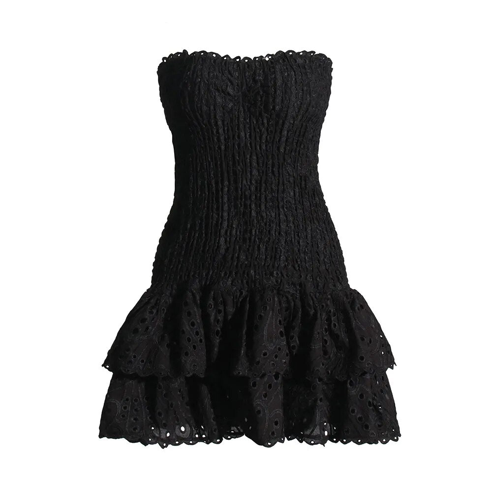 Black eyelet embroidery strapless mini dress