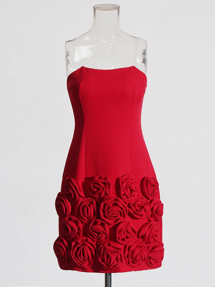 Red Mini Dress Flower Appliques Clear Straps