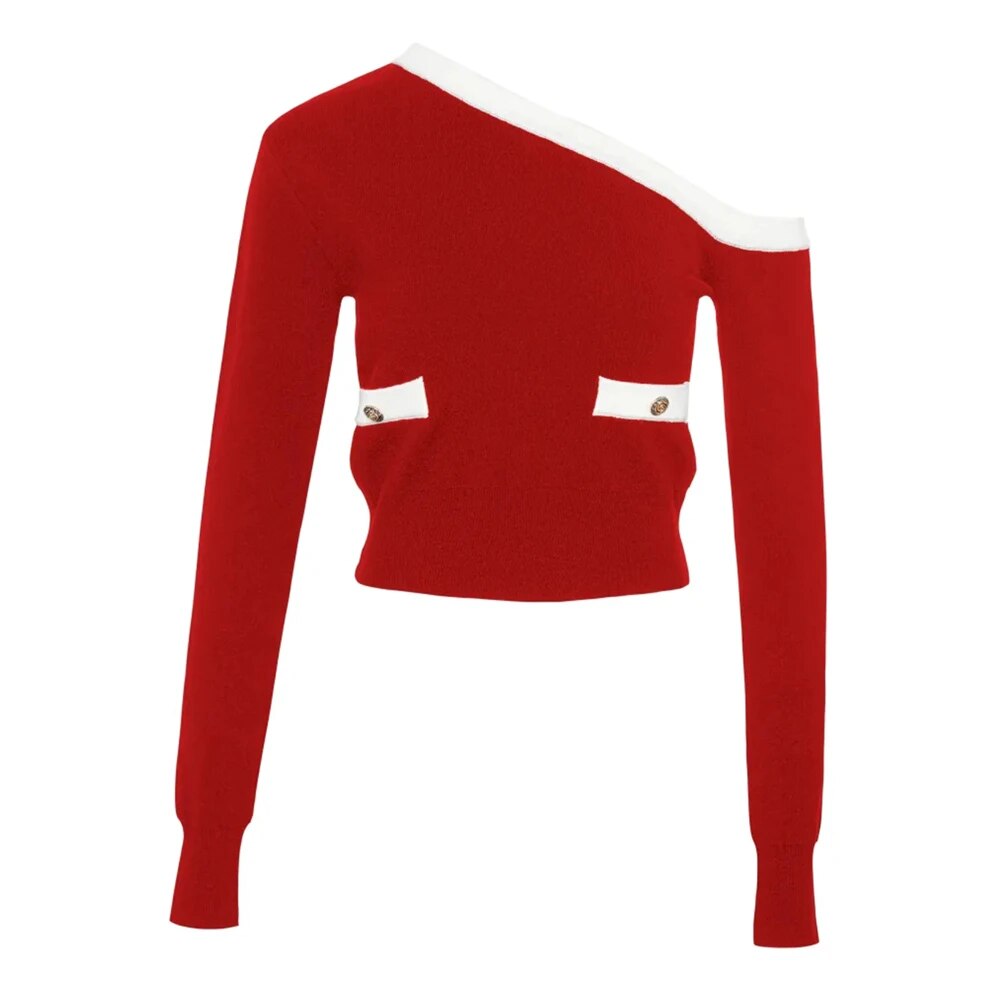 Red Knit Top with One Cold Shoulder and White Trims