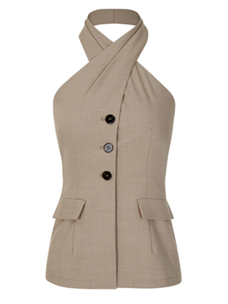 Khaki Halter Waistcoat | Halter Vest | Chic Style | Zalia Atelier