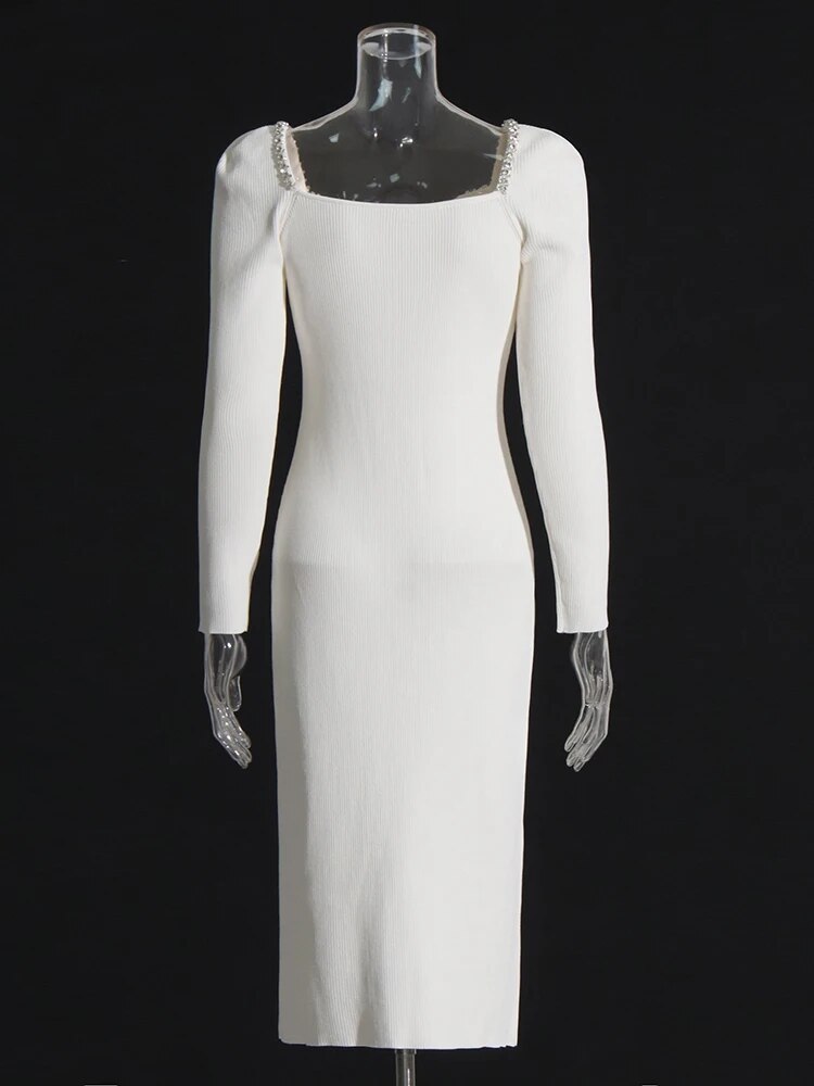 White Stretchy Knit Midi Dress with shoulder and neckline rhinestones