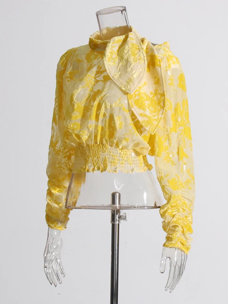 Yellow lace top with long sleeves and elastic waist