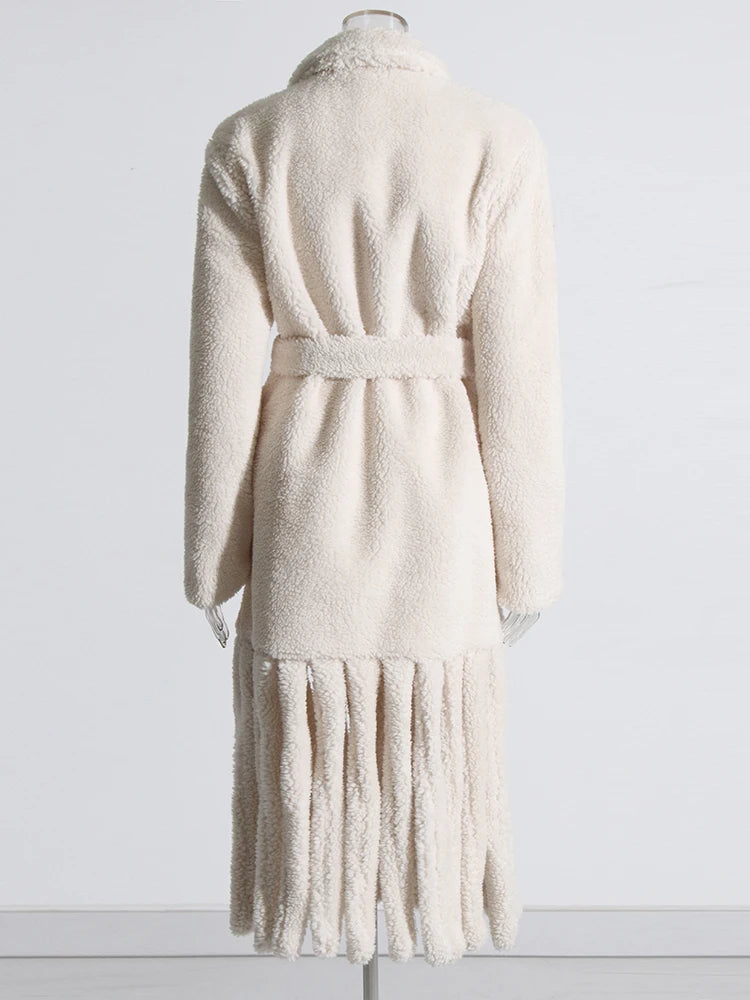 Beige color teddy coat with fringe detail