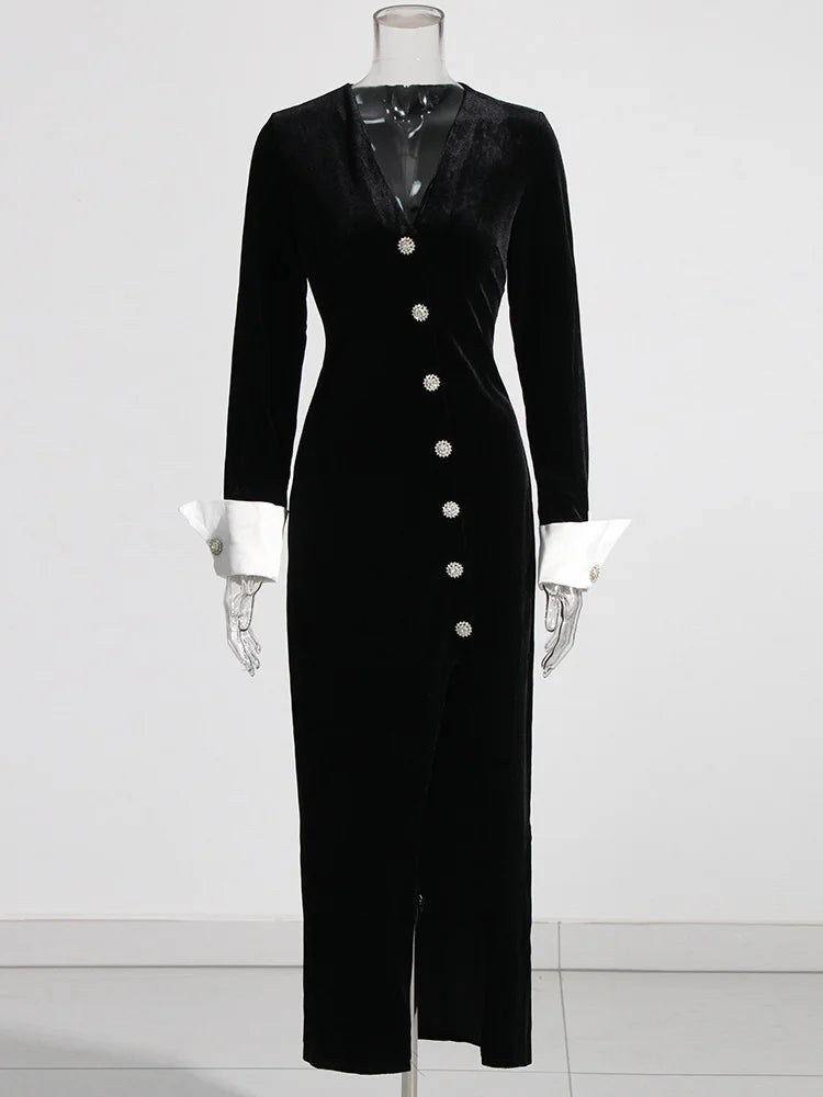 Zalia Atelier | Black velvet dress with white cuffs and rhinestone buttons