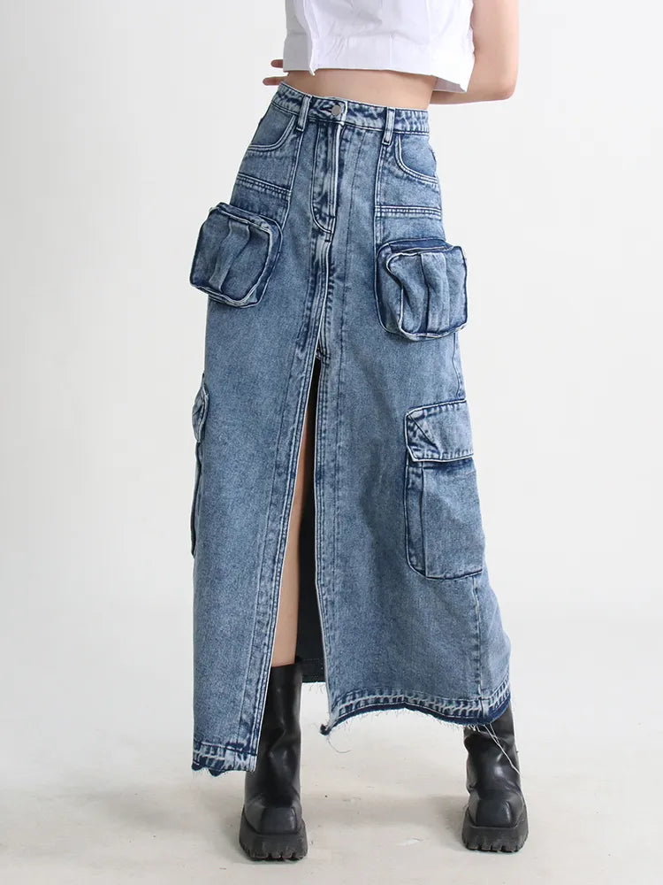 Cargo Denim Midi Skirt