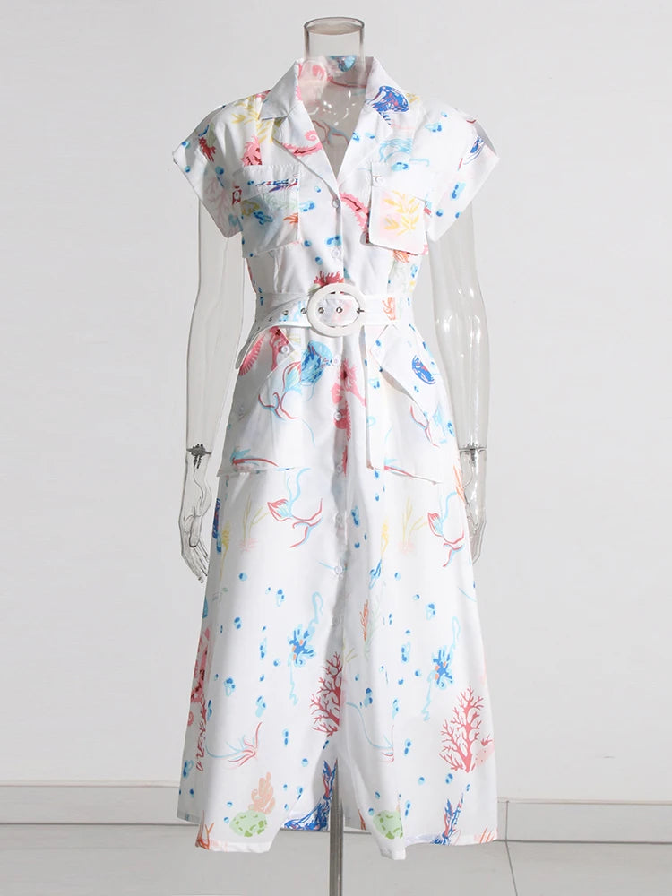 Zalia Atelier | White Dress With Print Folded Short Sleeves