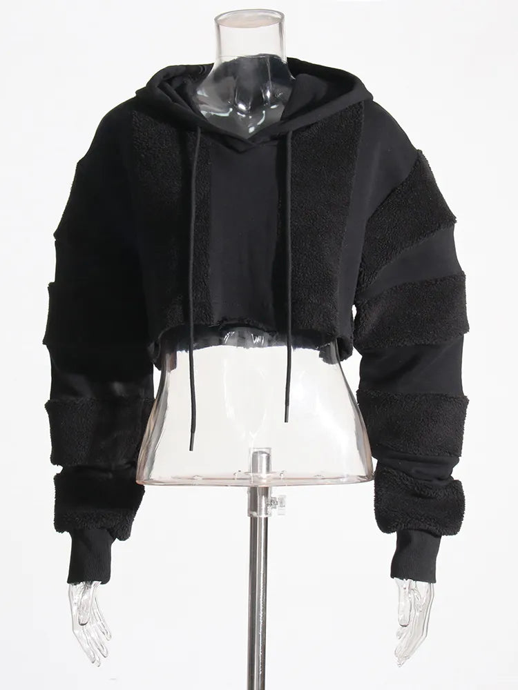 black cropped hoodie with faux lambswool fur