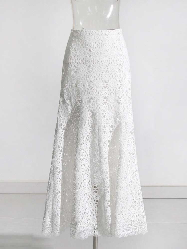 White Embroidered Lace long sleeve top with matching maxi skirt