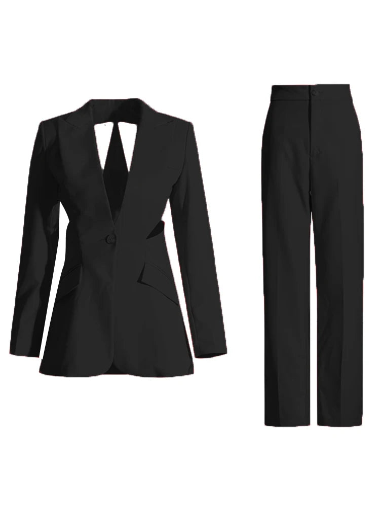 Black cutout blazer and matching trousers set